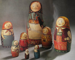 Original Matryoshka dolls posed as a family.